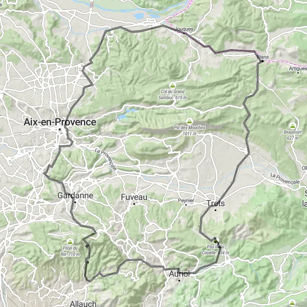 Miniatua del mapa de inspiración ciclista "Rians - Aix-en-Provence Road Cycling Expedition" en Provence-Alpes-Côte d’Azur, France. Generado por Tarmacs.app planificador de rutas ciclistas