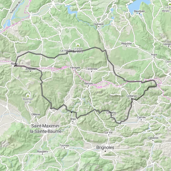 Miniature de la carte de l'inspiration cycliste "Boucle des Châteaux et Collines" dans la Provence-Alpes-Côte d’Azur, France. Générée par le planificateur d'itinéraire cycliste Tarmacs.app