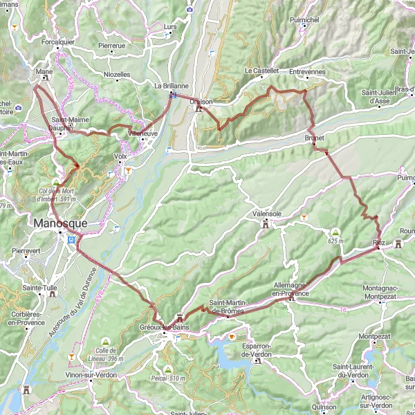 Zemljevid v pomanjšavi "Riez - Le Mont Saint-Maxime (gravel)" kolesarske inspiracije v Provence-Alpes-Côte d’Azur, France. Generirano z načrtovalcem kolesarskih poti Tarmacs.app