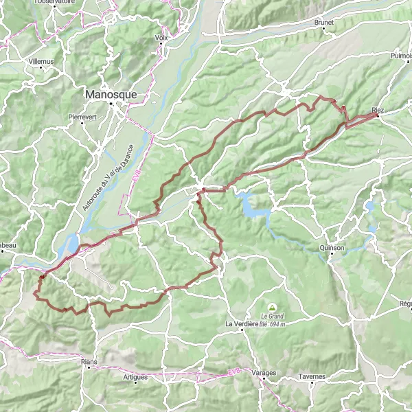 Mapa miniatúra "Gravelový okruh cez Saint-Julien-le-Montagnier" cyklistická inšpirácia v Provence-Alpes-Côte d’Azur, France. Vygenerované cyklistickým plánovačom trás Tarmacs.app