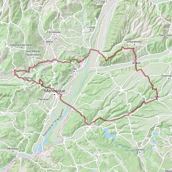 Karttaminiaatyyri "Kierros Riez - Saint-Martin-de-Brômes - Porte du Soubeyran - Le Collet - Villemus - Saint-Maime - Chemin du Trécol - Oraison - Entrevennes - Le Mont Saint-Maxime - Riez" pyöräilyinspiraatiosta alueella Provence-Alpes-Côte d’Azur, France. Luotu Tarmacs.app pyöräilyreittisuunnittelijalla