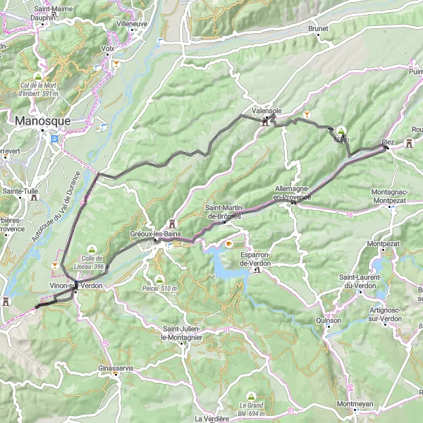 Zemljevid v pomanjšavi "Krožna kolesarska pot okoli Rieza in okolice" kolesarske inspiracije v Provence-Alpes-Côte d’Azur, France. Generirano z načrtovalcem kolesarskih poti Tarmacs.app