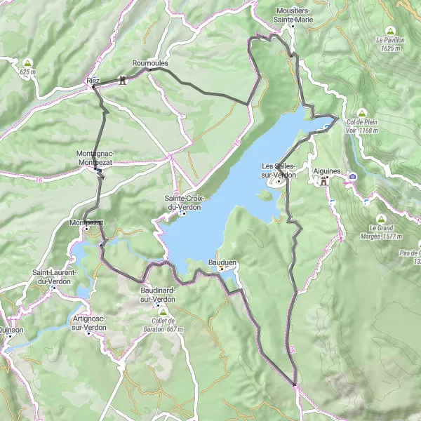 Karttaminiaatyyri "Vuoristoportaat ja järvenrantamaisemia" pyöräilyinspiraatiosta alueella Provence-Alpes-Côte d’Azur, France. Luotu Tarmacs.app pyöräilyreittisuunnittelijalla