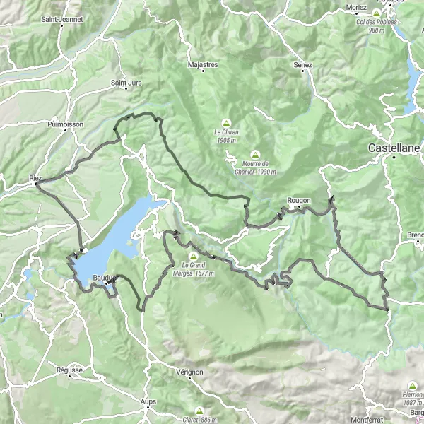 Kartminiatyr av "Rundtur fra Riez til Verdon Gorge" sykkelinspirasjon i Provence-Alpes-Côte d’Azur, France. Generert av Tarmacs.app sykkelrutoplanlegger