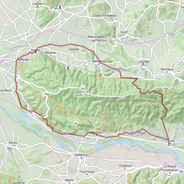 Miniatua del mapa de inspiración ciclista "Experiencia de Ciclismo en Ménerbes-Mérindol-Taillades" en Provence-Alpes-Côte d’Azur, France. Generado por Tarmacs.app planificador de rutas ciclistas