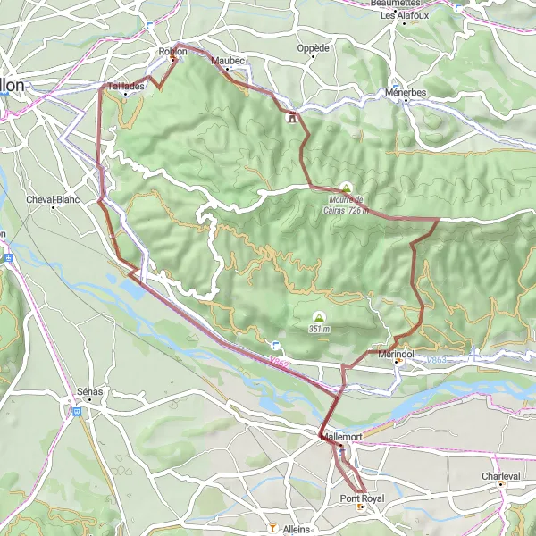 Miniaturní mapa "Gravelová trasa k Château d'Oppède" inspirace pro cyklisty v oblasti Provence-Alpes-Côte d’Azur, France. Vytvořeno pomocí plánovače tras Tarmacs.app