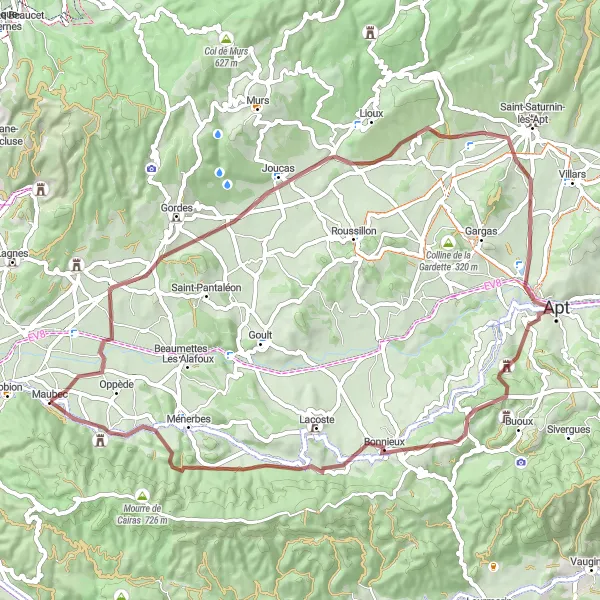Miniaturní mapa "Gravelová trasa kolem Apt" inspirace pro cyklisty v oblasti Provence-Alpes-Côte d’Azur, France. Vytvořeno pomocí plánovače tras Tarmacs.app