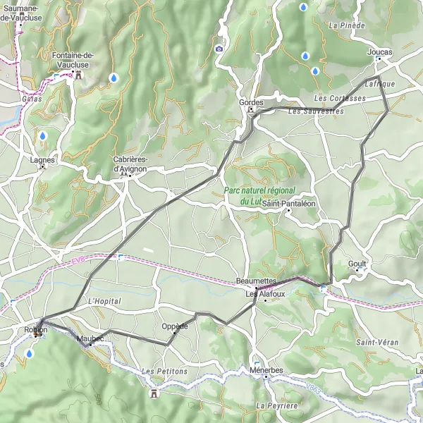 Zemljevid v pomanjšavi "Robion-Gordes Circuit" kolesarske inspiracije v Provence-Alpes-Côte d’Azur, France. Generirano z načrtovalcem kolesarskih poti Tarmacs.app