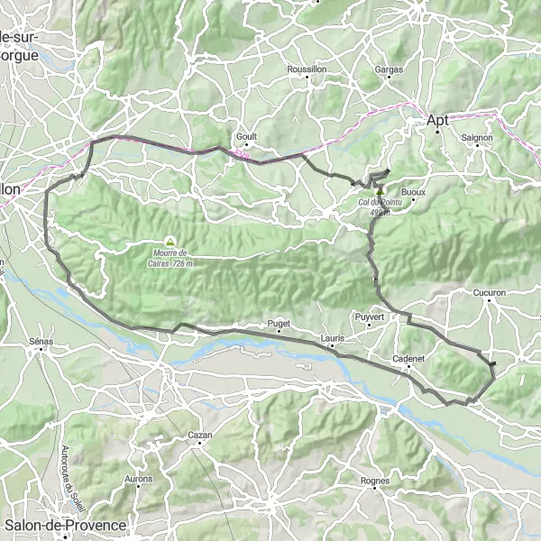 Zemljevid v pomanjšavi "Raziskovanje Provansi" kolesarske inspiracije v Provence-Alpes-Côte d’Azur, France. Generirano z načrtovalcem kolesarskih poti Tarmacs.app