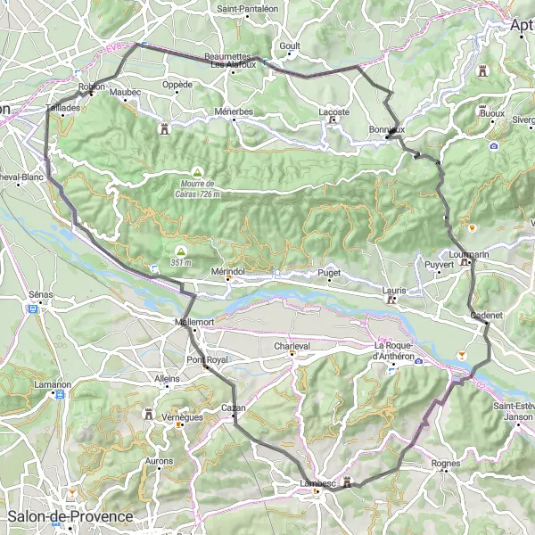 Miniatua del mapa de inspiración ciclista "Ruta de ciclismo por carretera desde Robion a través de Bonnieux y Mallemort" en Provence-Alpes-Côte d’Azur, France. Generado por Tarmacs.app planificador de rutas ciclistas