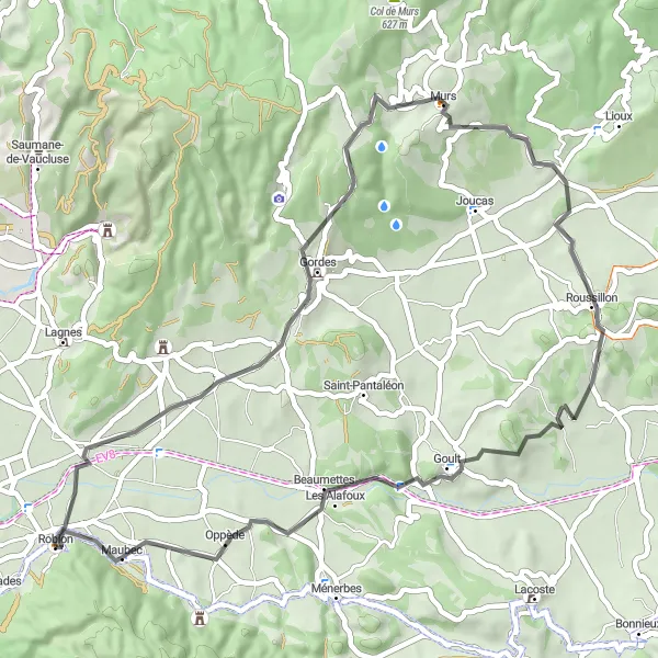 Karttaminiaatyyri "Robion - Maubec Road Cycling Route" pyöräilyinspiraatiosta alueella Provence-Alpes-Côte d’Azur, France. Luotu Tarmacs.app pyöräilyreittisuunnittelijalla