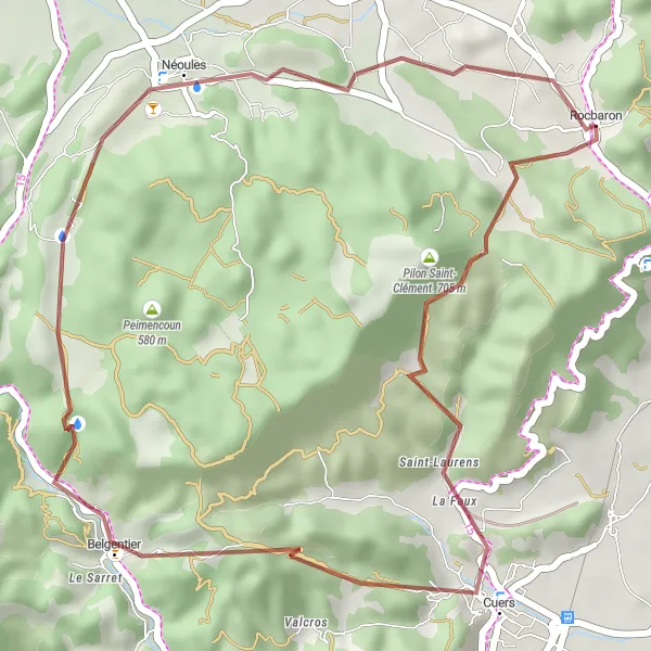 Map miniature of "Gravel Exploration of Rocbaron" cycling inspiration in Provence-Alpes-Côte d’Azur, France. Generated by Tarmacs.app cycling route planner