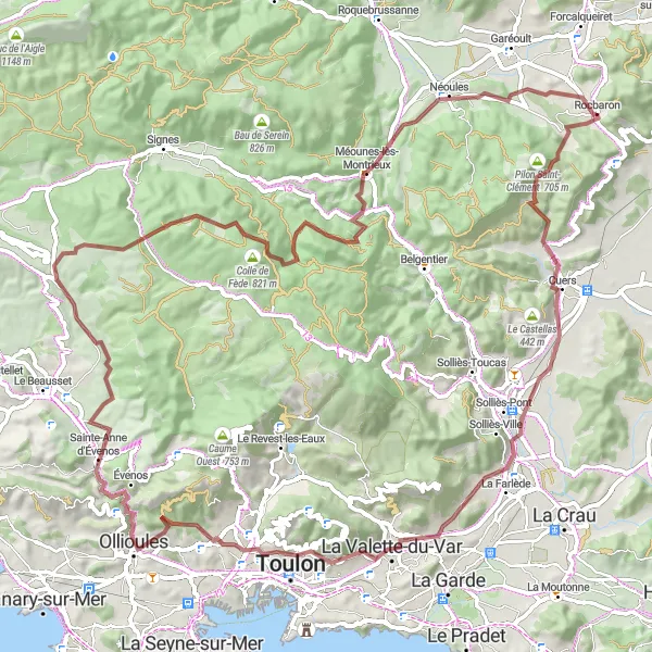 Miniatua del mapa de inspiración ciclista "Ruta de Grava de Rocbaron a Méounes-lès-Montrieux" en Provence-Alpes-Côte d’Azur, France. Generado por Tarmacs.app planificador de rutas ciclistas