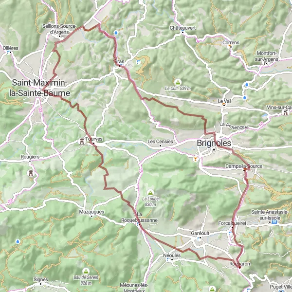 Map miniature of "Scenic Gravel Route to Saint-Maximin-la-Sainte-Baume" cycling inspiration in Provence-Alpes-Côte d’Azur, France. Generated by Tarmacs.app cycling route planner