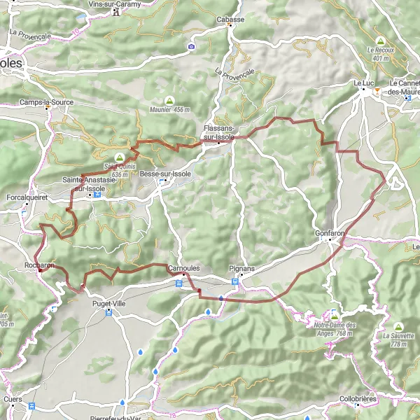 Miniatua del mapa de inspiración ciclista "Ruta de Grava de Rocbaron a Château Saint-Sauveur" en Provence-Alpes-Côte d’Azur, France. Generado por Tarmacs.app planificador de rutas ciclistas