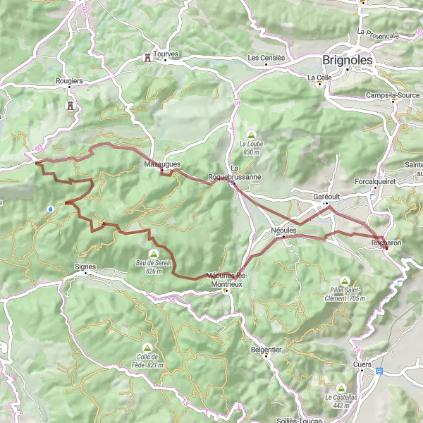 Miniatura mapy "Przygoda na żwirze do Mazaugues" - trasy rowerowej w Provence-Alpes-Côte d’Azur, France. Wygenerowane przez planer tras rowerowych Tarmacs.app