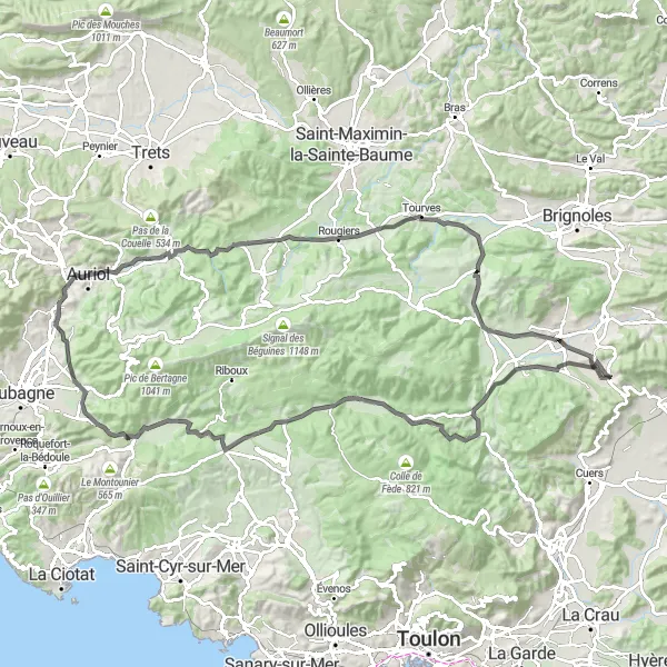 Miniaturní mapa "Cyklotrasa s výhledem na Roquevaire" inspirace pro cyklisty v oblasti Provence-Alpes-Côte d’Azur, France. Vytvořeno pomocí plánovače tras Tarmacs.app