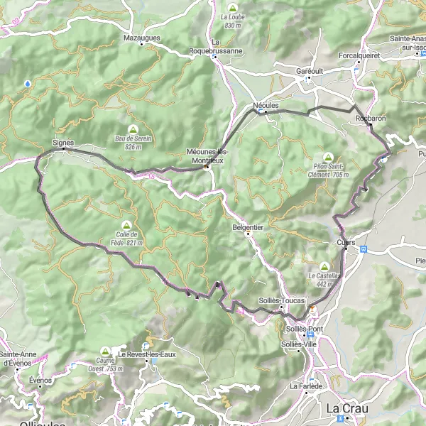 Miniature de la carte de l'inspiration cycliste "Exploration des routes de Méounes-lès-Montrieux" dans la Provence-Alpes-Côte d’Azur, France. Générée par le planificateur d'itinéraire cycliste Tarmacs.app