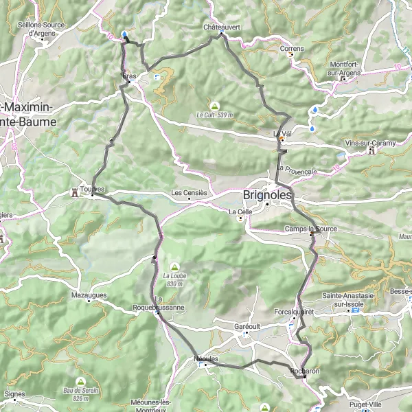 Miniaturní mapa "Okružní cyklistická trasa La Roquebrussanne" inspirace pro cyklisty v oblasti Provence-Alpes-Côte d’Azur, France. Vytvořeno pomocí plánovače tras Tarmacs.app