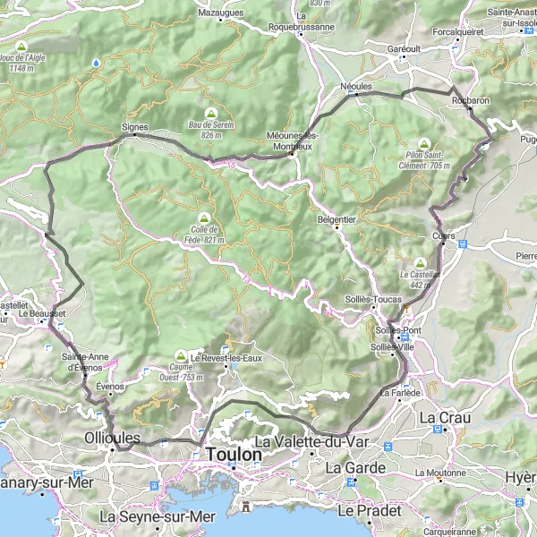 Miniatua del mapa de inspiración ciclista "Excursión de Cuers a Méounes-lès-Montrieux" en Provence-Alpes-Côte d’Azur, France. Generado por Tarmacs.app planificador de rutas ciclistas