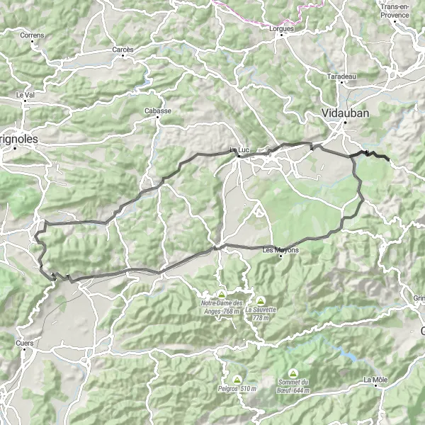 Miniatua del mapa de inspiración ciclista "Ruta de Carretera de Rocbaron a Pei Cau" en Provence-Alpes-Côte d’Azur, France. Generado por Tarmacs.app planificador de rutas ciclistas