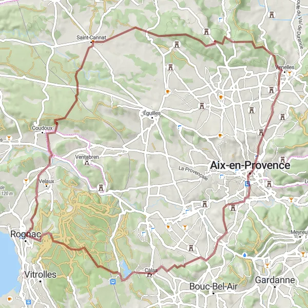 Mapa miniatúra "Cyklistická trasa pre gravel cez Coudoux, Saint-Cannat, Venelles, Aix-en-Provence a Château de Trébillane" cyklistická inšpirácia v Provence-Alpes-Côte d’Azur, France. Vygenerované cyklistickým plánovačom trás Tarmacs.app