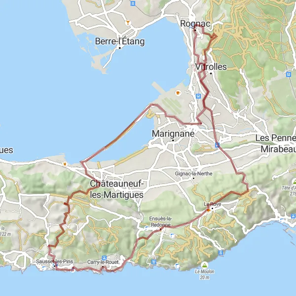 Map miniature of "Scenic Gravel Circuit to Étang de Bolmon" cycling inspiration in Provence-Alpes-Côte d’Azur, France. Generated by Tarmacs.app cycling route planner