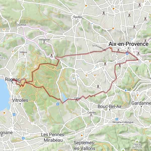 Miniatua del mapa de inspiración ciclista "Ruta de Grava Roquefavour-Château de Trébillane" en Provence-Alpes-Côte d’Azur, France. Generado por Tarmacs.app planificador de rutas ciclistas