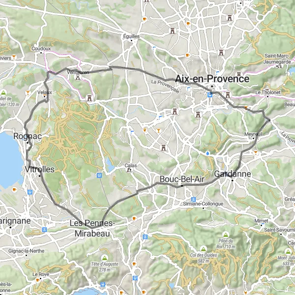 Zemljevid v pomanjšavi "Umetnost in narava v bližini Rognaca" kolesarske inspiracije v Provence-Alpes-Côte d’Azur, France. Generirano z načrtovalcem kolesarskih poti Tarmacs.app