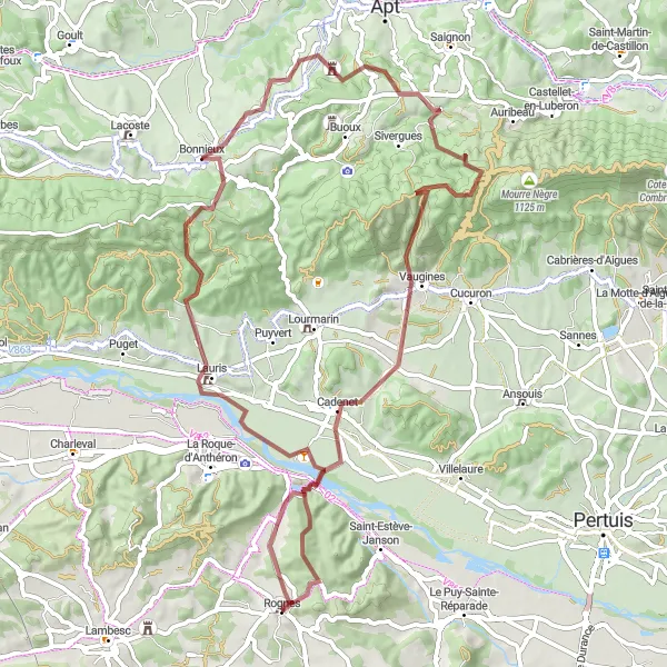 Map miniature of "Rognes Gravel Adventure" cycling inspiration in Provence-Alpes-Côte d’Azur, France. Generated by Tarmacs.app cycling route planner