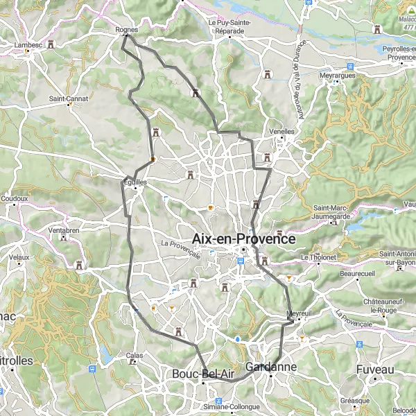 Miniaturní mapa "Okruhová cyklistická trasa kolem Rognes" inspirace pro cyklisty v oblasti Provence-Alpes-Côte d’Azur, France. Vytvořeno pomocí plánovače tras Tarmacs.app