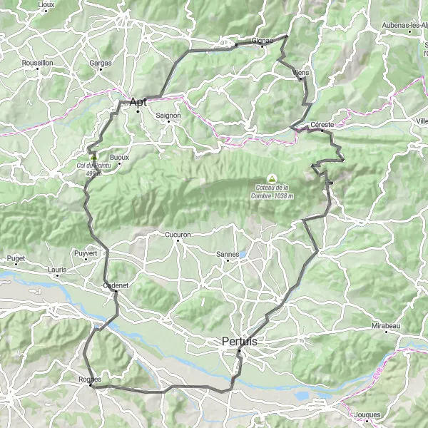 Miniaturní mapa "Okružní cesta kolem Lourmarinu" inspirace pro cyklisty v oblasti Provence-Alpes-Côte d’Azur, France. Vytvořeno pomocí plánovače tras Tarmacs.app