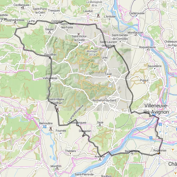 Mapa miniatúra "Road Domazan Route" cyklistická inšpirácia v Provence-Alpes-Côte d’Azur, France. Vygenerované cyklistickým plánovačom trás Tarmacs.app