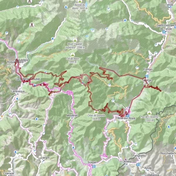 Miniaturní mapa "Gravel Route around Roquebillière" inspirace pro cyklisty v oblasti Provence-Alpes-Côte d’Azur, France. Vytvořeno pomocí plánovače tras Tarmacs.app