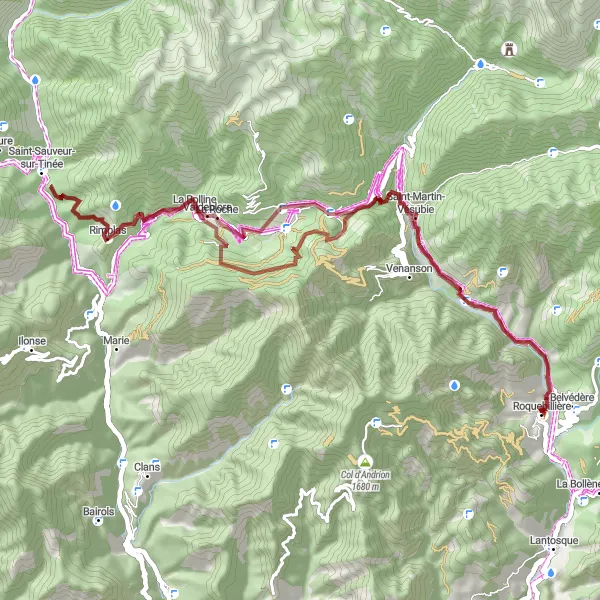 Miniaturní mapa "Gravelová cesta kolem Saint-Martin-Vésubie" inspirace pro cyklisty v oblasti Provence-Alpes-Côte d’Azur, France. Vytvořeno pomocí plánovače tras Tarmacs.app