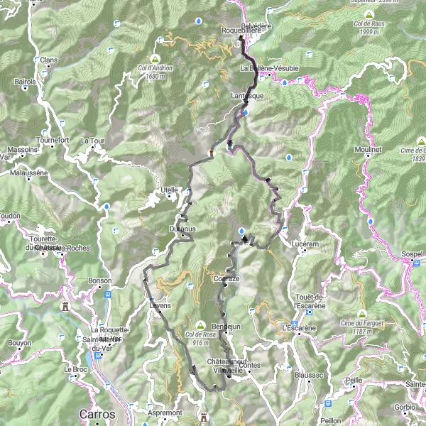 Miniaturní mapa "Cyklotrasa skrze přírodní krásy kolem Roquebillière" inspirace pro cyklisty v oblasti Provence-Alpes-Côte d’Azur, France. Vytvořeno pomocí plánovače tras Tarmacs.app