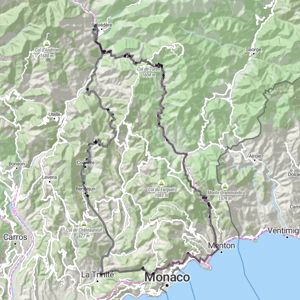 Mapa miniatúra "Prieskumná jazda cez horské prechody" cyklistická inšpirácia v Provence-Alpes-Côte d’Azur, France. Vygenerované cyklistickým plánovačom trás Tarmacs.app