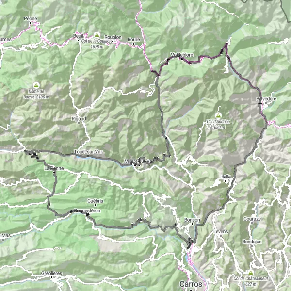 Map miniature of "Tour de Roquebillière" cycling inspiration in Provence-Alpes-Côte d’Azur, France. Generated by Tarmacs.app cycling route planner