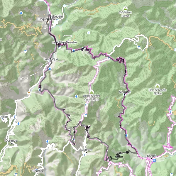 Miniaturní mapa "Challenging Road Cycling Route near Roquebillière" inspirace pro cyklisty v oblasti Provence-Alpes-Côte d’Azur, France. Vytvořeno pomocí plánovače tras Tarmacs.app