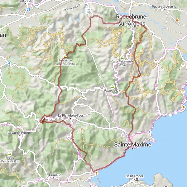 Miniatua del mapa de inspiración ciclista "Ruta de Grava Vieux Moulin" en Provence-Alpes-Côte d’Azur, France. Generado por Tarmacs.app planificador de rutas ciclistas