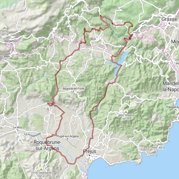 Zemljevid v pomanjšavi "Gorska avantura okoli Roquebrune-sur-Argens" kolesarske inspiracije v Provence-Alpes-Côte d’Azur, France. Generirano z načrtovalcem kolesarskih poti Tarmacs.app