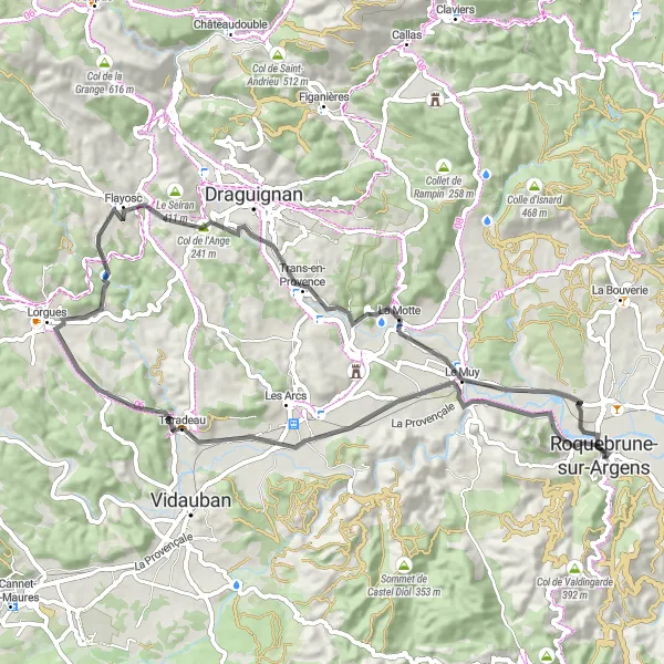 Karttaminiaatyyri "Les Trois Croix Circuit" pyöräilyinspiraatiosta alueella Provence-Alpes-Côte d’Azur, France. Luotu Tarmacs.app pyöräilyreittisuunnittelijalla