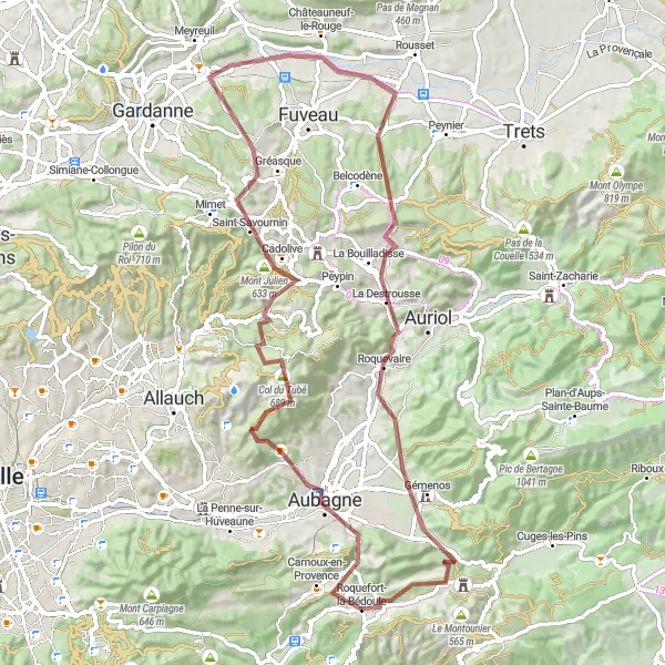 Mapa miniatúra "Gravelový výlet po kopcovitém teréne" cyklistická inšpirácia v Provence-Alpes-Côte d’Azur, France. Vygenerované cyklistickým plánovačom trás Tarmacs.app