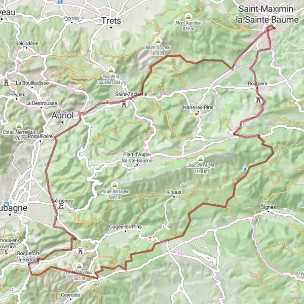 Miniatuurkaart van de fietsinspiratie "Gravel rondrit van Roquefort-la-Bédoule" in Provence-Alpes-Côte d’Azur, France. Gemaakt door de Tarmacs.app fietsrouteplanner