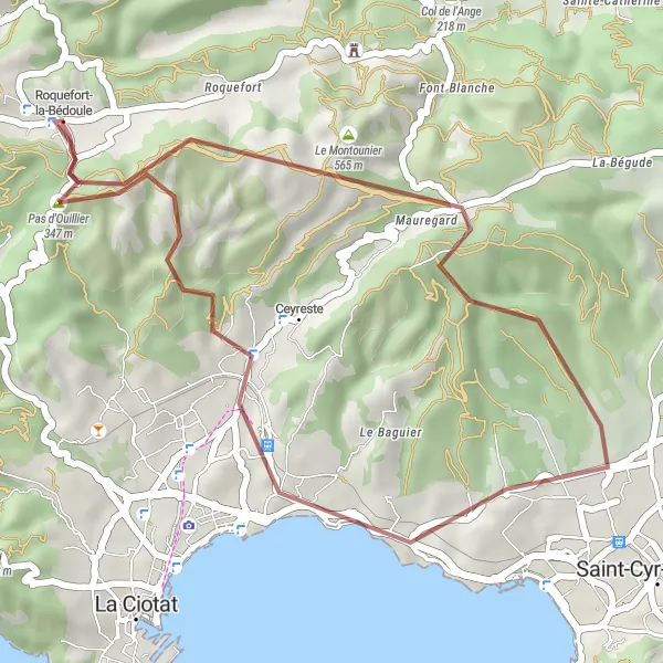 Kartminiatyr av "Spännande Graveläventyr från Roquefort-la-Bédoule" cykelinspiration i Provence-Alpes-Côte d’Azur, France. Genererad av Tarmacs.app cykelruttplanerare