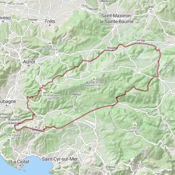 Kartminiatyr av "Äventyrlig Grusvägsrunda runt Roquefort-la-Bédoule" cykelinspiration i Provence-Alpes-Côte d’Azur, France. Genererad av Tarmacs.app cykelruttplanerare