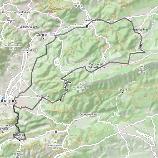 Mapa miniatúra "Cyklistický okruh medzi vinohradmi" cyklistická inšpirácia v Provence-Alpes-Côte d’Azur, France. Vygenerované cyklistickým plánovačom trás Tarmacs.app