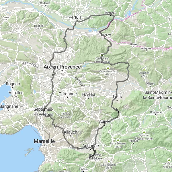 Mapa miniatúra "Významné cestné dobrodružstvo" cyklistická inšpirácia v Provence-Alpes-Côte d’Azur, France. Vygenerované cyklistickým plánovačom trás Tarmacs.app