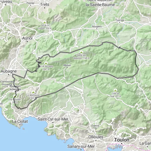 Kartminiatyr av "Vägcykling genom Mazaugues" cykelinspiration i Provence-Alpes-Côte d’Azur, France. Genererad av Tarmacs.app cykelruttplanerare