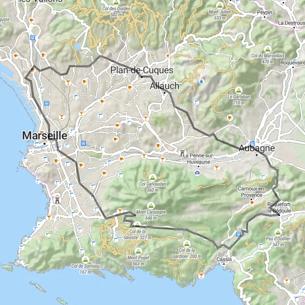 Miniaturní mapa "Cesta Col de la Gineste - Gare d'Aubagne" inspirace pro cyklisty v oblasti Provence-Alpes-Côte d’Azur, France. Vytvořeno pomocí plánovače tras Tarmacs.app